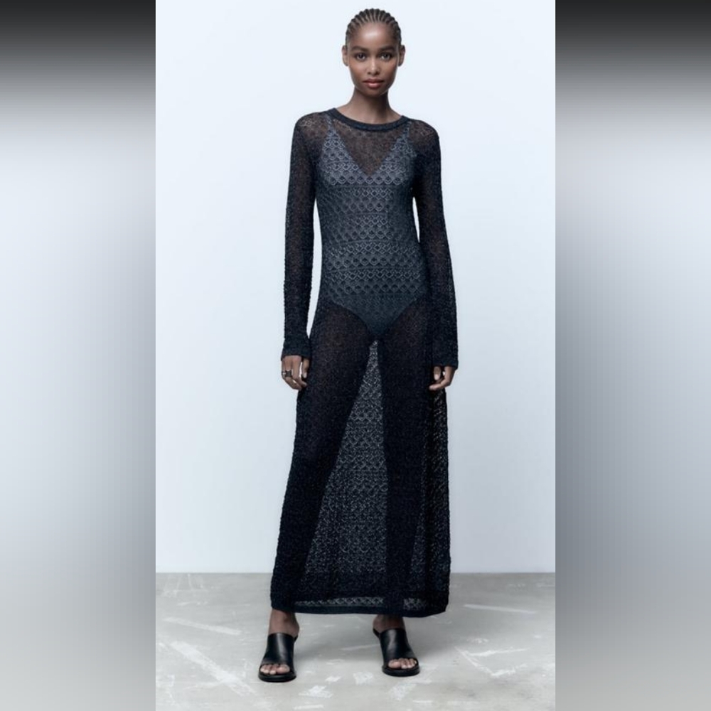 Zara Pointelle knit dress with metallic thread